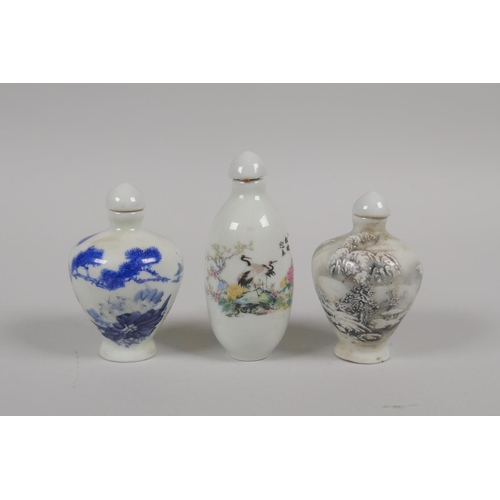 170 - Three Chinese miniature polychrome porcelain snuff bottles, various 4 character marks to base, 8cm h... 