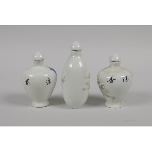 170 - Three Chinese miniature polychrome porcelain snuff bottles, various 4 character marks to base, 8cm h... 