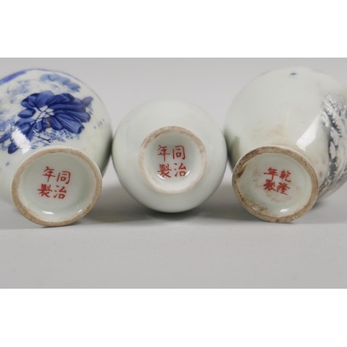 170 - Three Chinese miniature polychrome porcelain snuff bottles, various 4 character marks to base, 8cm h... 