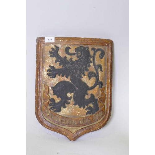 174 - Vintage Flemish painted and parcel gilt plaster plaque with raised heraldic design, 40cm high