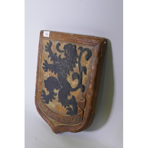 174 - Vintage Flemish painted and parcel gilt plaster plaque with raised heraldic design, 40cm high