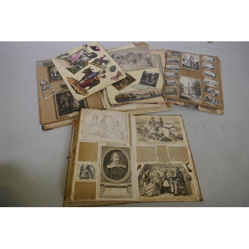 181 - Victorian vellum bound scrapbook, cuttings and steel plate engravings from mid C19th publications, C... 