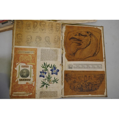 181 - Victorian vellum bound scrapbook, cuttings and steel plate engravings from mid C19th publications, C... 