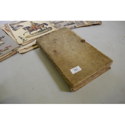 181 - Victorian vellum bound scrapbook, cuttings and steel plate engravings from mid C19th publications, C... 