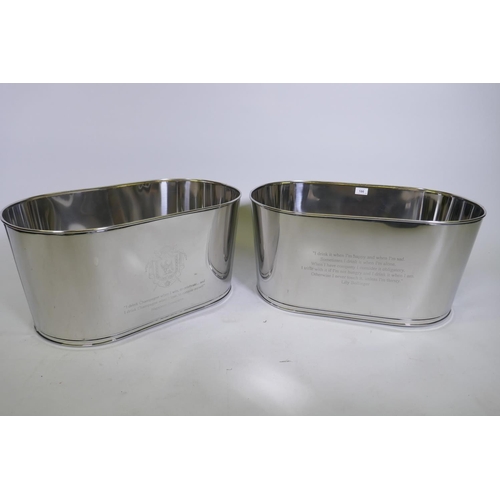 186 - A pair of large plated metal champagne coolers, engraved with quotes from Lily Bollinger and Napoleo... 