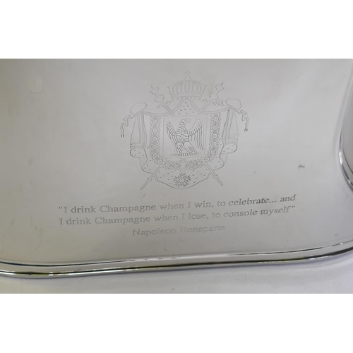 186 - A pair of large plated metal champagne coolers, engraved with quotes from Lily Bollinger and Napoleo... 