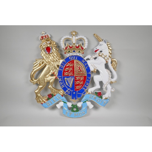 190 - A painted cast iron wall plaque of the Royal Coat of Arms, 50 x 50cm