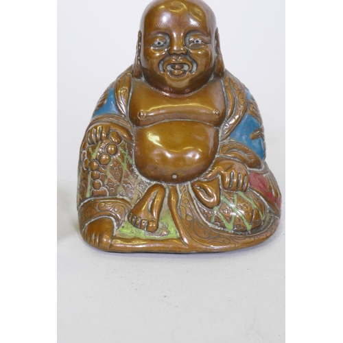 192 - Oriental brass weights in the form of kylin, an enamelled filled copper figure of Buddha, 8cm high, ... 