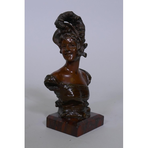 2 - After van Der Straeten, Art Nouveau bronze bust of a woman with feathered bonnet, signed verso with ... 