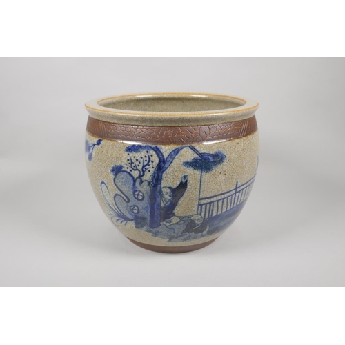 209 - A Chinese crackle ware jardiniere with blue and white decoration of figures in a garden, 20cm high x... 