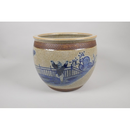 209 - A Chinese crackle ware jardiniere with blue and white decoration of figures in a garden, 20cm high x... 