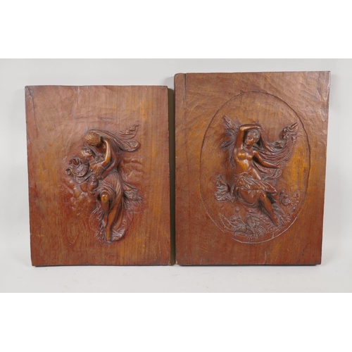 214 - Two late C19th/early C20th carved wood plaques depicting classical figures, largest 29 x 36cm 