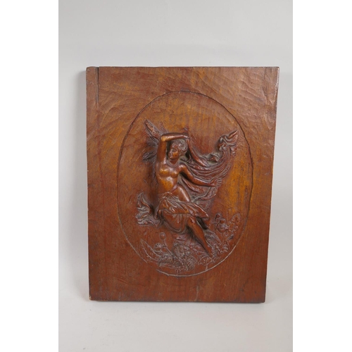 214 - Two late C19th/early C20th carved wood plaques depicting classical figures, largest 29 x 36cm 