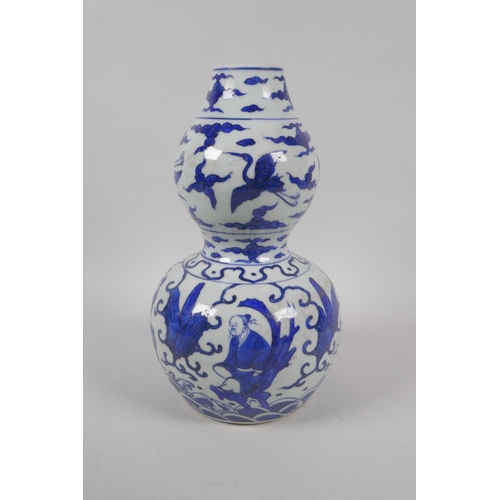 235 - A Chinese blue and white porcelain double gourd shaped vase decorated with immortals, Jiajing 6 char... 