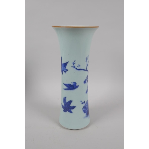 236 - An early C20th Chinese blue and white porcelain vase with a flared rim, decoration with birds and fl... 