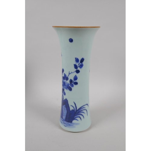 236 - An early C20th Chinese blue and white porcelain vase with a flared rim, decoration with birds and fl... 