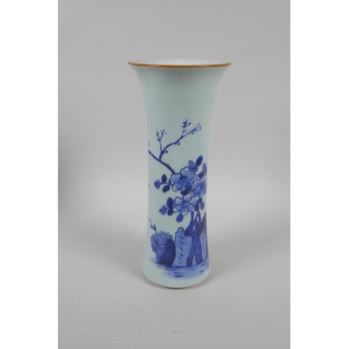 236 - An early C20th Chinese blue and white porcelain vase with a flared rim, decoration with birds and fl... 