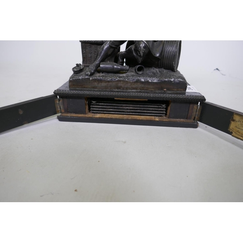 244 - C19th French ebony and spelter smoker's companion, with two spring loaded drawers, one with fitted v... 