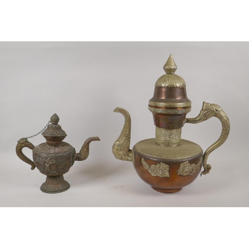 245 - A Tibetan copper and white metal mounted tea pot decorated with dragons and elephants, and another s... 