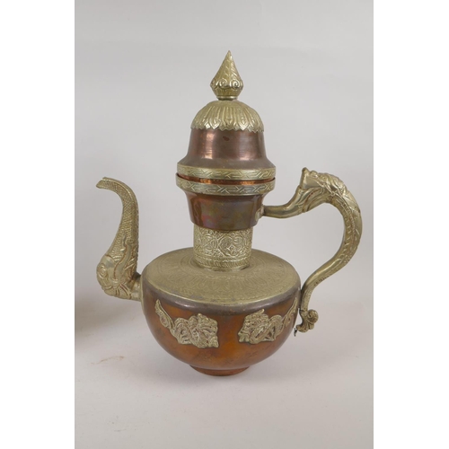 245 - A Tibetan copper and white metal mounted tea pot decorated with dragons and elephants, and another s... 