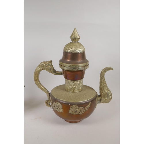 245 - A Tibetan copper and white metal mounted tea pot decorated with dragons and elephants, and another s... 