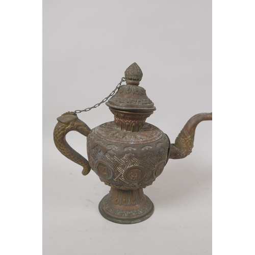 245 - A Tibetan copper and white metal mounted tea pot decorated with dragons and elephants, and another s... 