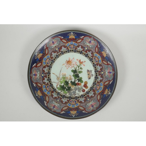 28 - A pair of Japanese Meiji cloisonne dishes with decorative floral panels and a fish scale design to b... 