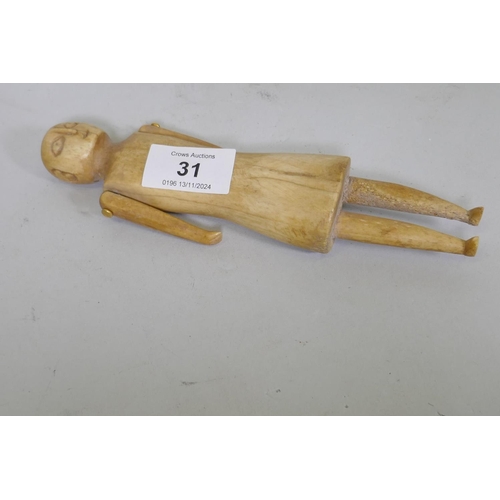 31 - Antique folk art carved bone doll figure, possibly first nation American Inuit, 19cm high