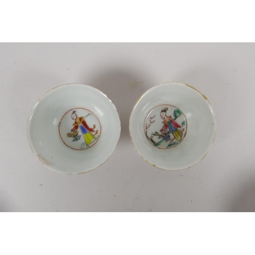 33 - A collection of C18th and C19th Chinese enamelled porcelain tea bowls, a tea cup and a saucer, with ... 