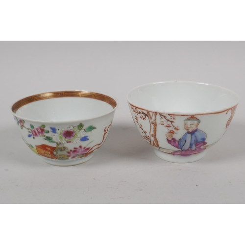 33 - A collection of C18th and C19th Chinese enamelled porcelain tea bowls, a tea cup and a saucer, with ... 