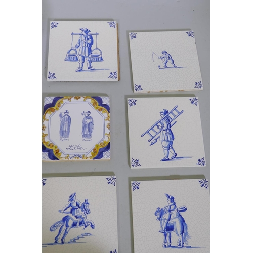 37 - Collection of continental faience tiles and three bowls decorated with cockerels, 19cm diameter