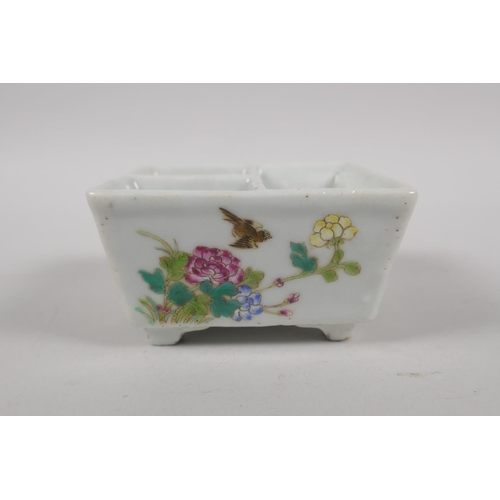 38 - A C19th Chinese famille verte porcelain three section dish with bird and floral decoration, Guangxu ... 