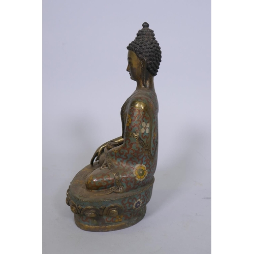 54 - A Sino Tibetan cloisonne and gilt metal Buddha, 32cm high