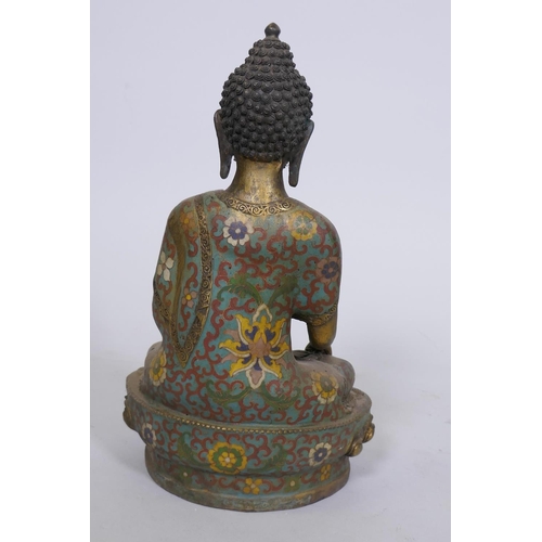 54 - A Sino Tibetan cloisonne and gilt metal Buddha, 32cm high