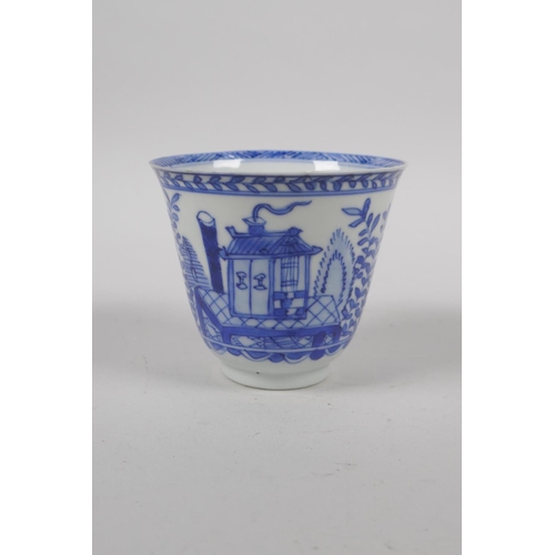 6 - An C18th Chinese KangXi blue and white porcelain wine cup, decorated with quail and flowers, marked ... 