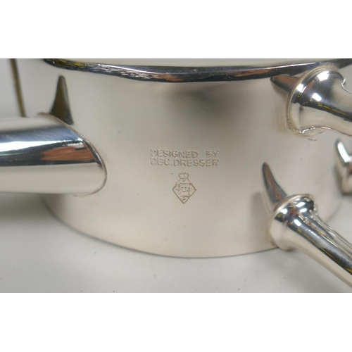 611 - A Christopher Dresser style silver plated tea pot, 16cm high