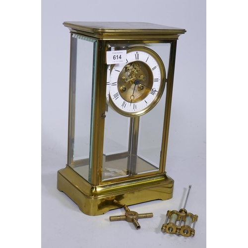 614 - A French four glass  mantel clock with open Brocot escapement on an engine turned dial, with en... 