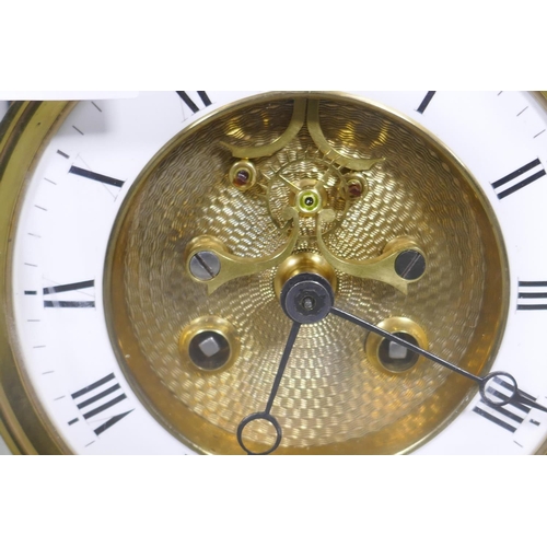 614 - A French four glass  mantel clock with open Brocot escapement on an engine turned dial, with en... 