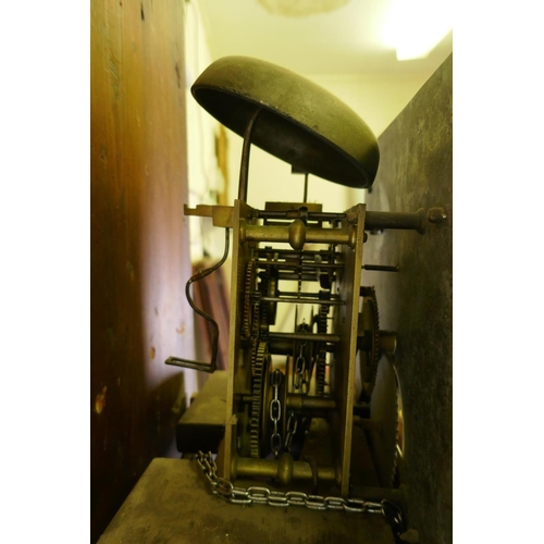 616 - C18th oak longcase clock, the hood with four columns, the brass movement with subsidiary seconds dia... 