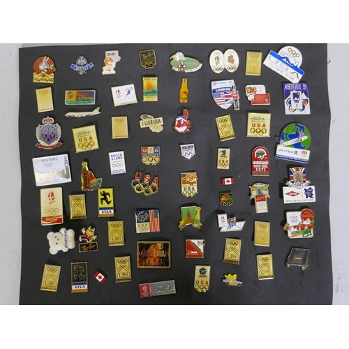 62 - Collection of Olympic pin badges, Albertville '92 sponsor  badges by Coca Cola, Sony, CBS, Koda... 