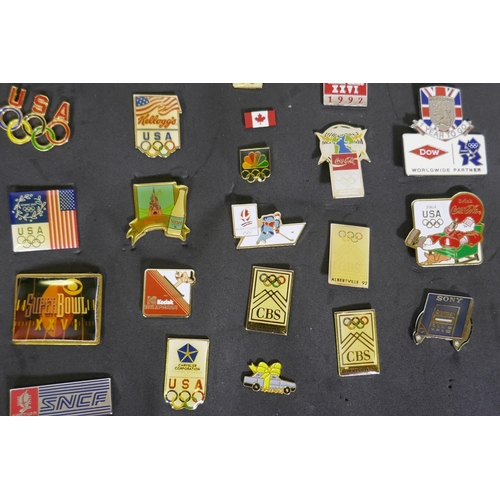 62 - Collection of Olympic pin badges, Albertville '92 sponsor  badges by Coca Cola, Sony, CBS, Koda... 