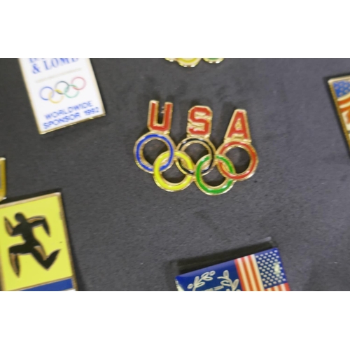 62 - Collection of Olympic pin badges, Albertville '92 sponsor  badges by Coca Cola, Sony, CBS, Koda... 