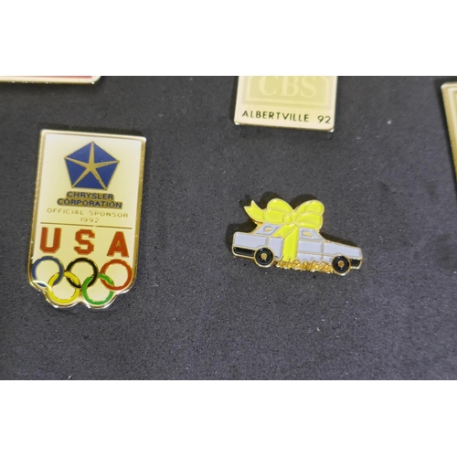 62 - Collection of Olympic pin badges, Albertville '92 sponsor  badges by Coca Cola, Sony, CBS, Koda... 