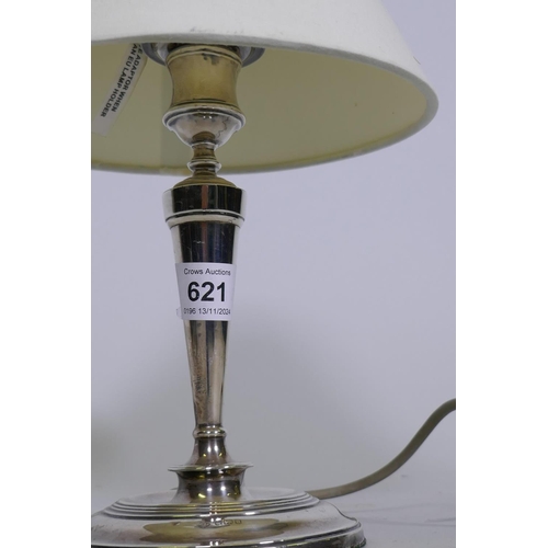 621 - Hallmarked silver candle table lamp, 20cm high