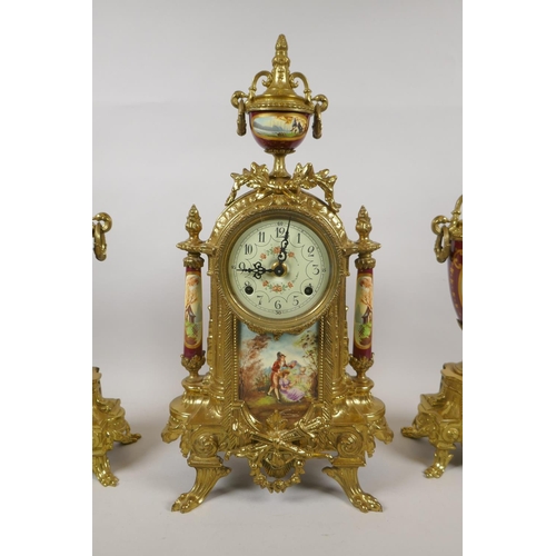 624 - A Sevres style ormolu and porcelain German clock garniture by Franz Hermle, 1991, the movement strik... 