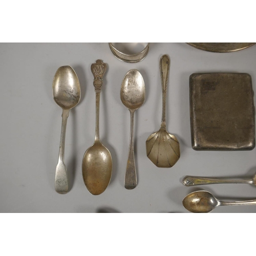 627 - A quantity of hallmarked silver, to include Georgian spoons, cigarette case, trinket dish, etc, 680g