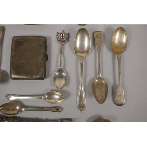 627 - A quantity of hallmarked silver, to include Georgian spoons, cigarette case, trinket dish, etc, 680g