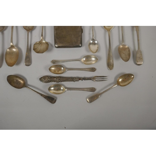 627 - A quantity of hallmarked silver, to include Georgian spoons, cigarette case, trinket dish, etc, 680g