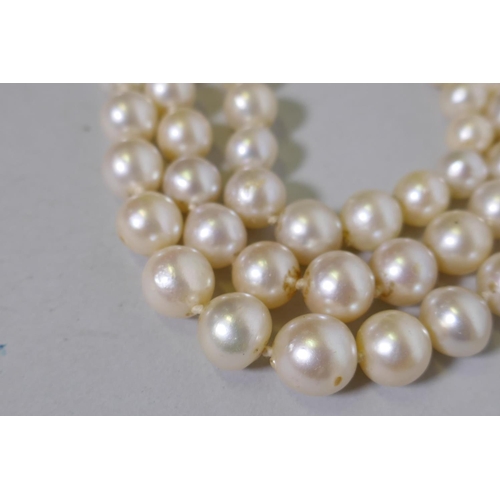 634 - An antique three string cultured pearl necklace with white metal clasp set with paste stones, by rep... 