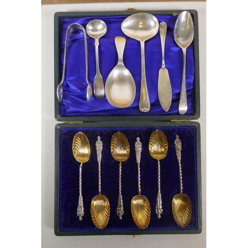 635 - A collection of hallmarked silver tea spoons, tea scoop, sugar tongs etc, and a quantity of silver p... 